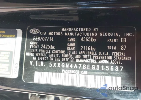 2014 Kia Optima Ex z USA, uszkodzony, nr VIN 5XXGN4A78EG315637